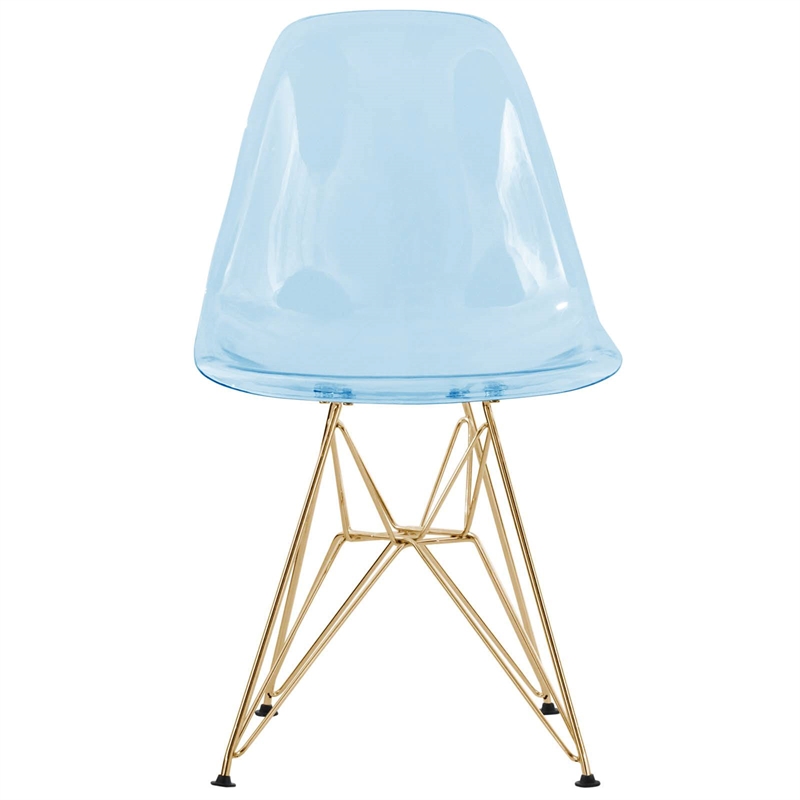 LeisureMod Cresco Plastic Dining Chair with Gold Base Set of 4 Transparent Blue