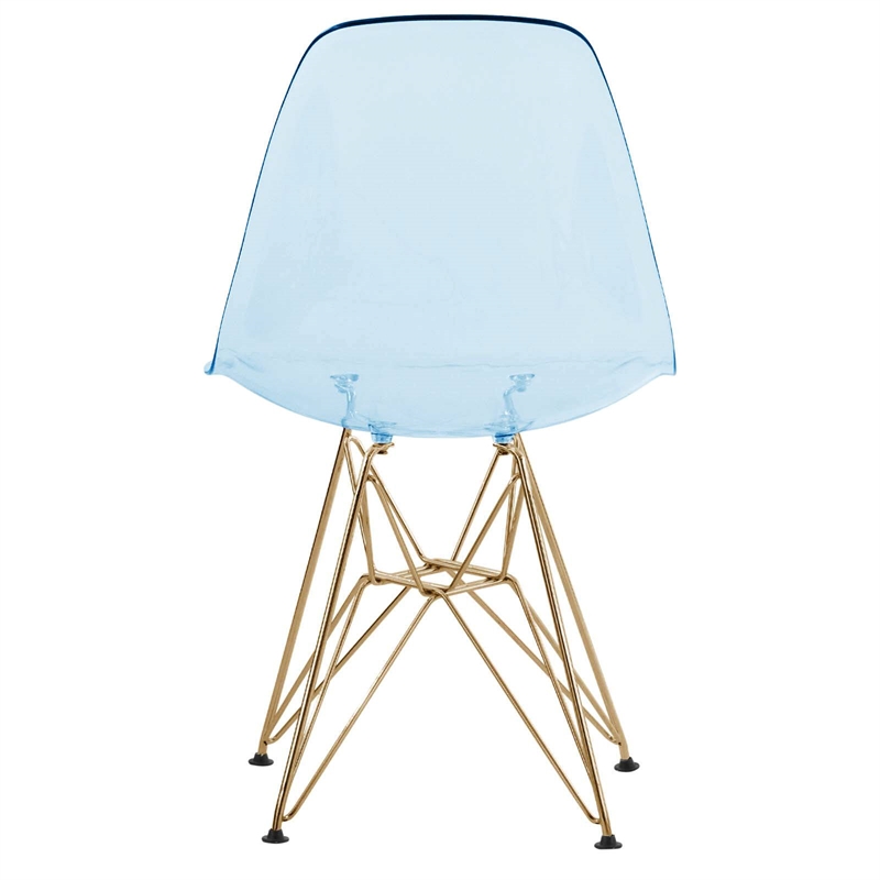 LeisureMod Cresco Plastic Dining Chair with Gold Base Set of 4 Transparent Blue