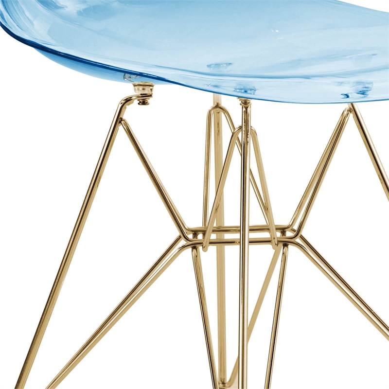 LeisureMod Cresco Plastic Dining Chair with Gold Base Set of 4 Transparent Blue