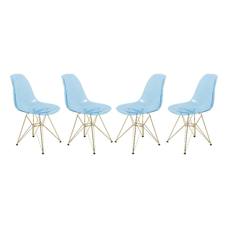 LeisureMod Cresco Plastic Dining Chair with Gold Base Set of 4 Transparent Blue
