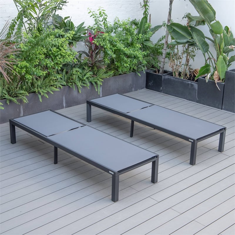 LeisureMod Marlin Patio Chaise Lounge Aluminum Black Frame Set of 2 Dark Gray