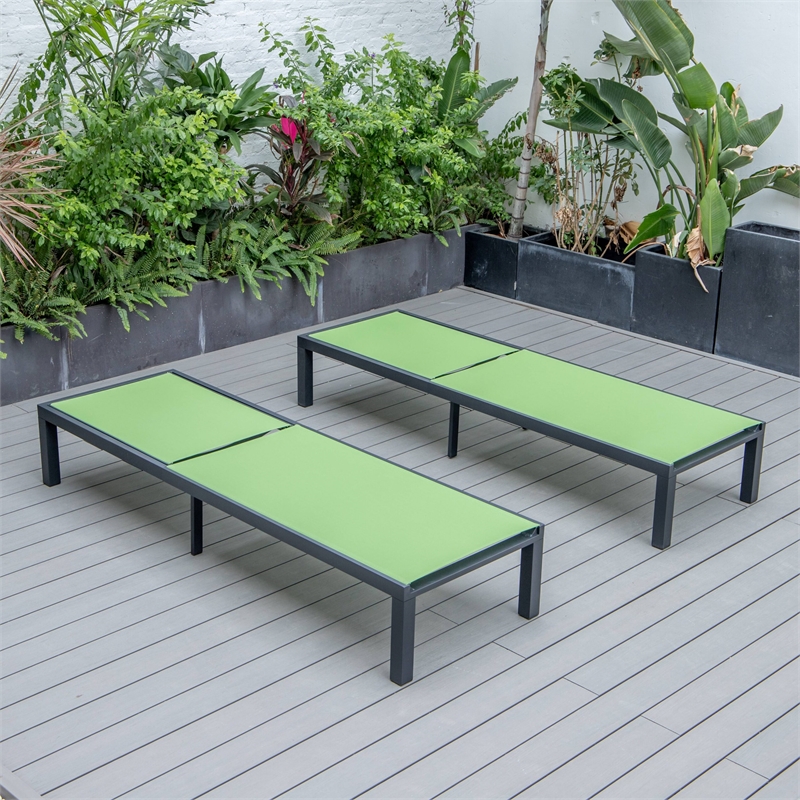 LeisureMod Marlin Patio Chaise Lounge Aluminum Black Frame Set of 2 Green