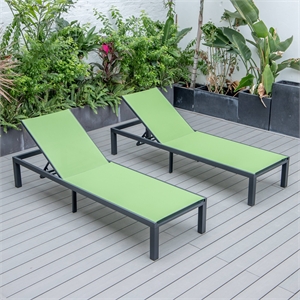 LeisureMod Marlin Patio Chaise Lounge Aluminum Black Frame Set of 2 Green