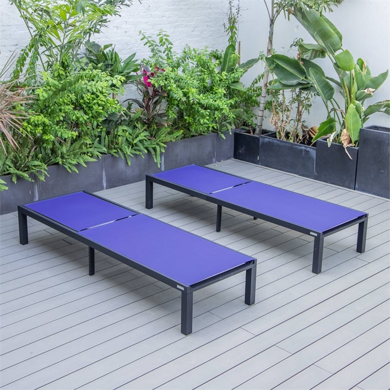 LeisureMod Marlin Patio Chaise Lounge Aluminum Black Frame Set of 2 Navy Blue