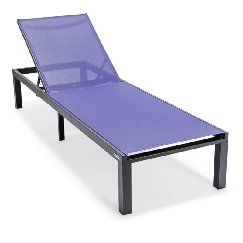 LeisureMod Marlin Patio Chaise Lounge Aluminum Black Frame Set of 2 Navy Blue