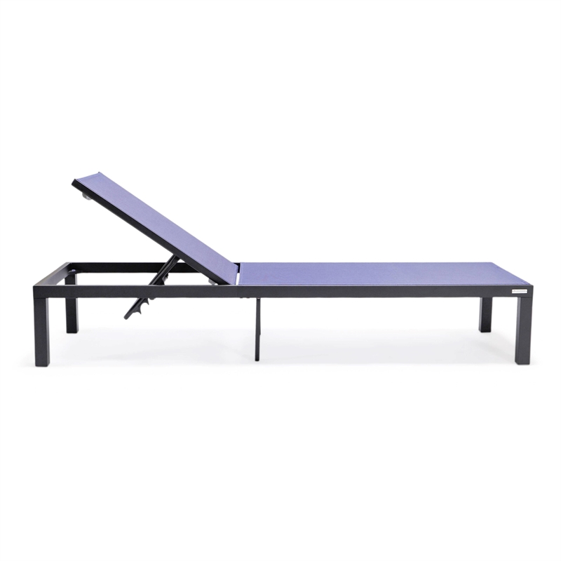 LeisureMod Marlin Patio Chaise Lounge Aluminum Black Frame Set of 2 Navy Blue