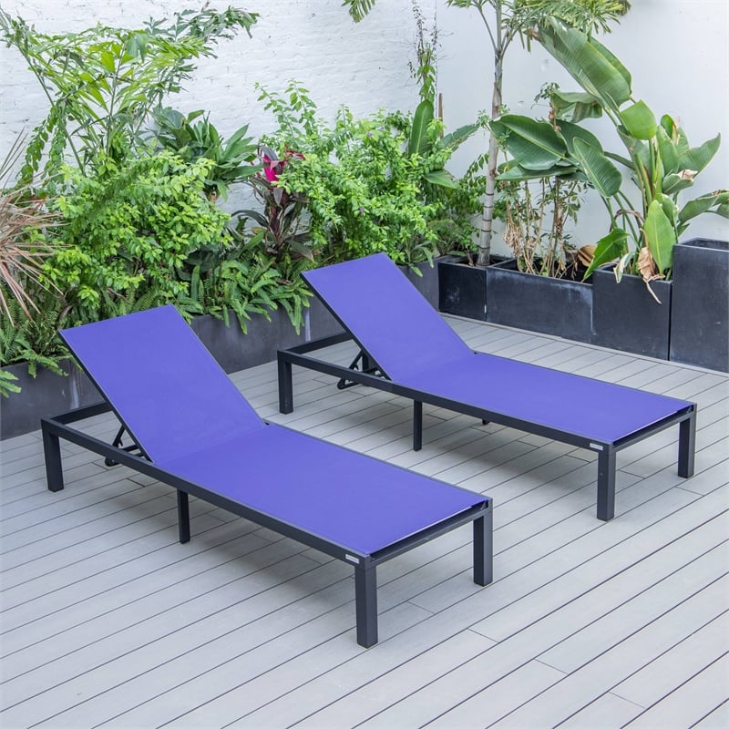LeisureMod Marlin Patio Chaise Lounge Aluminum Black Frame Set of 2 Navy Blue