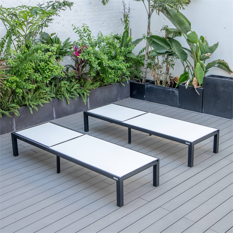 LeisureMod Marlin Patio Chaise Lounge Aluminum Black Frame Set of 2 White