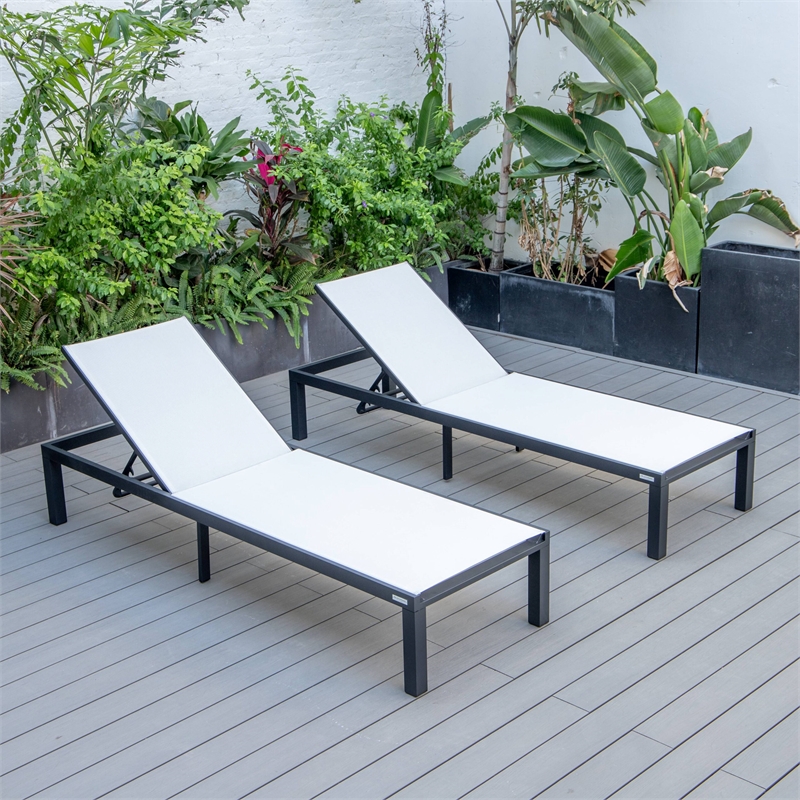 LeisureMod Marlin Patio Chaise Lounge Aluminum Black Frame Set of 2 White