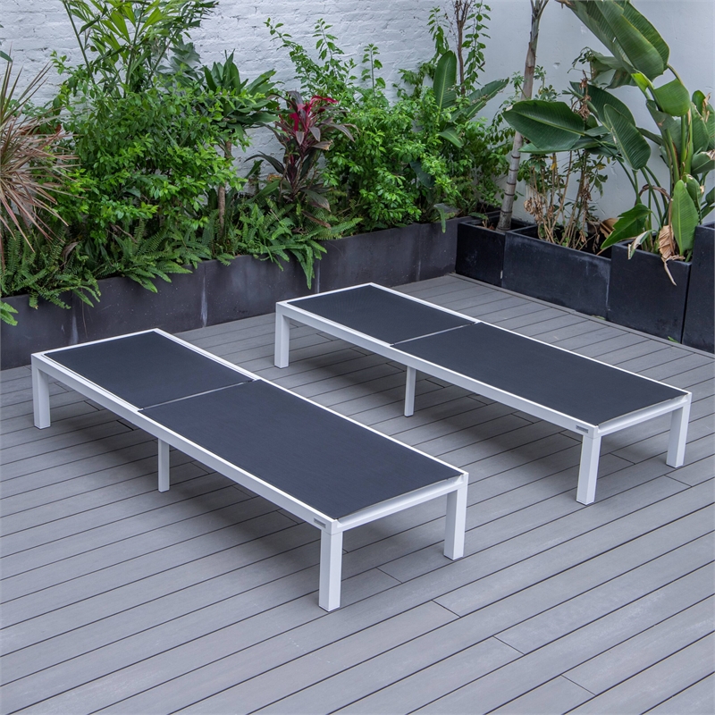 LeisureMod Marlin Patio Chaise Lounge Aluminum White Frame Set of 2 Black