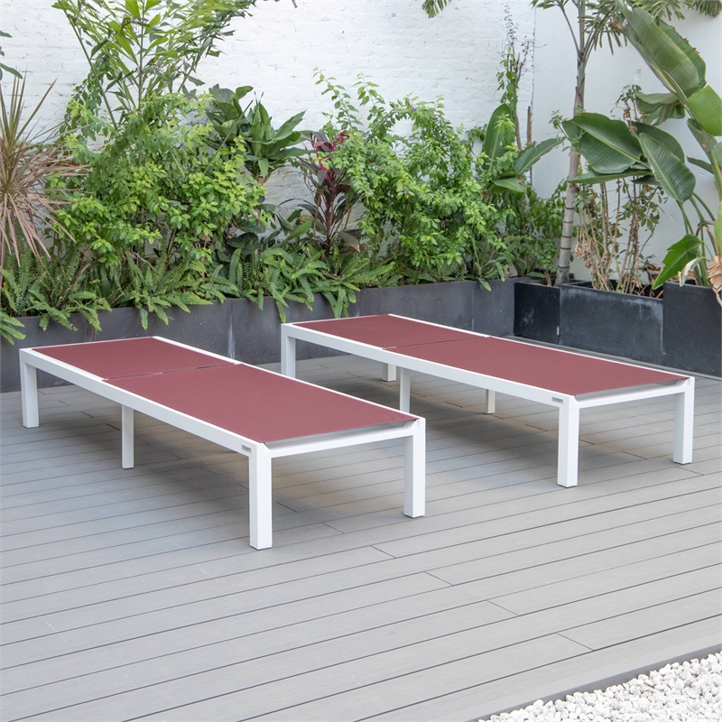 LeisureMod Marlin Patio Chaise Lounge Aluminum White Frame Set of 2 Burgundy