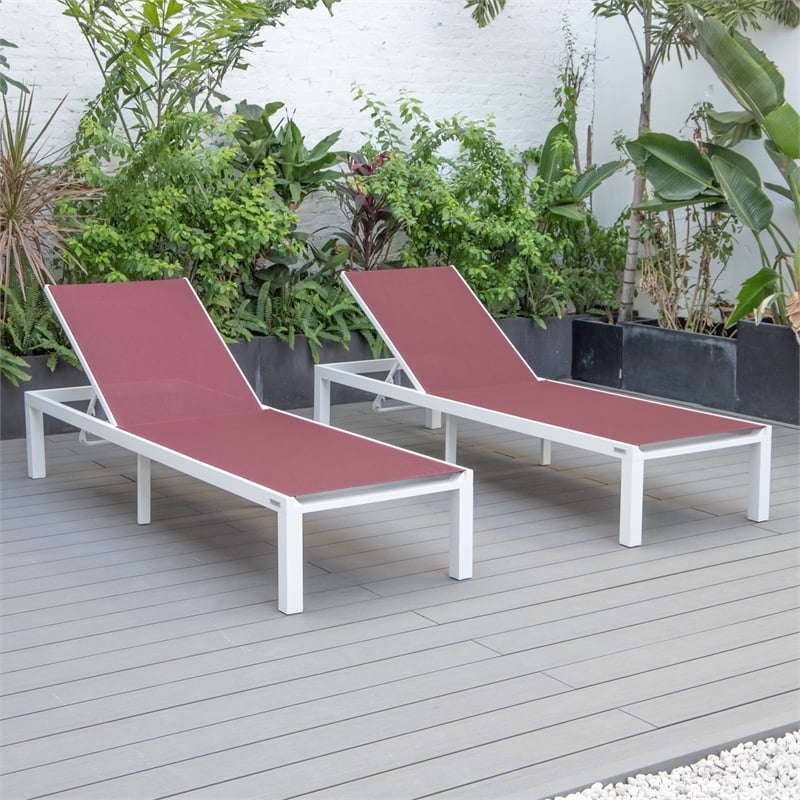 LeisureMod Marlin Patio Chaise Lounge Aluminum White Frame Set of 2 Burgundy