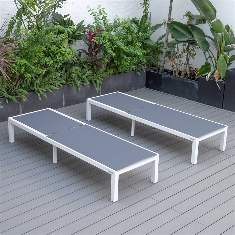 LeisureMod Marlin Patio Chaise Lounge Aluminum White Frame Set of 2 Dark Gray
