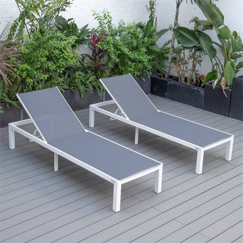 LeisureMod Marlin Patio Chaise Lounge Aluminum White Frame Set of 2 Dark Gray