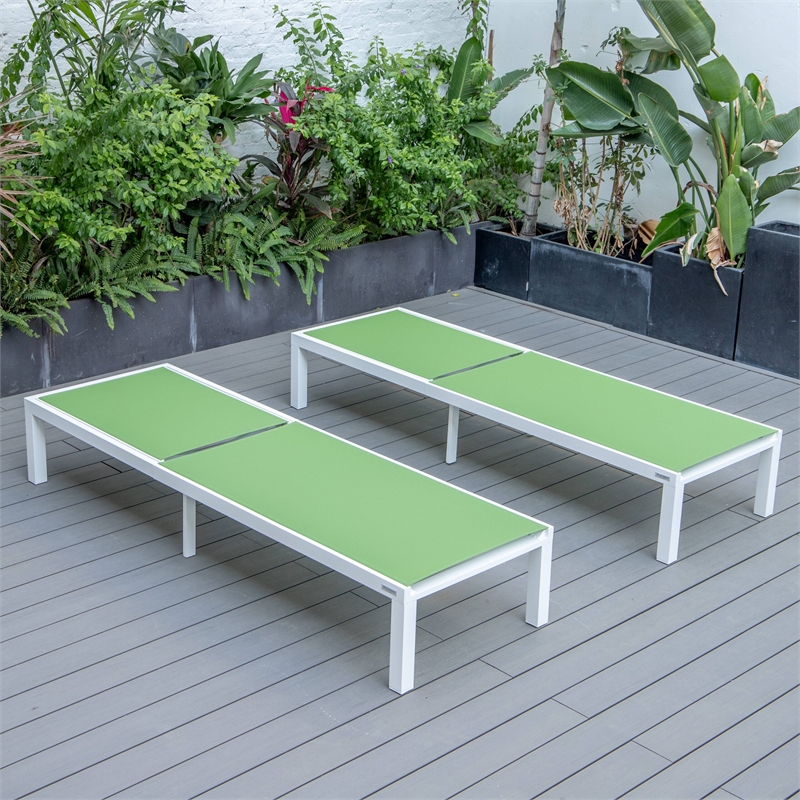 LeisureMod Marlin Patio Chaise Lounge Aluminum White Frame Set of 2 Green