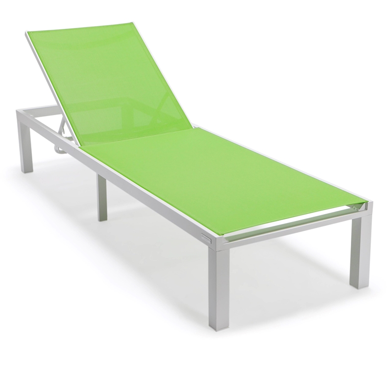 LeisureMod Marlin Patio Chaise Lounge Aluminum White Frame Set of 2 Green