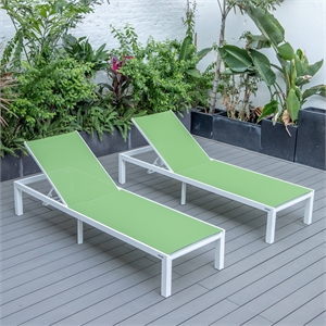 LeisureMod Marlin Patio Chaise Lounge Aluminum White Frame Set of 2 Green