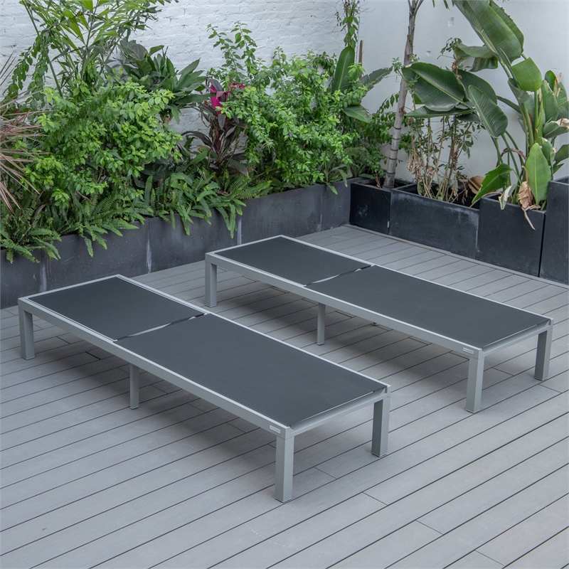 LeisureMod Marlin Patio Chaise Lounge Aluminum Grey Frame Set of 2 Black