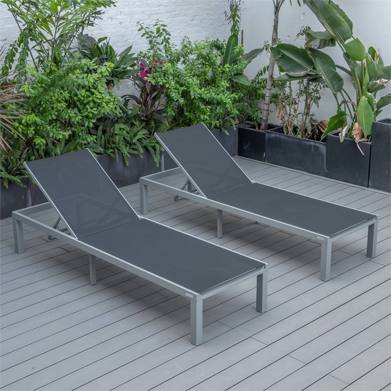 LeisureMod Marlin Patio Chaise Lounge Aluminum Grey Frame Set of 2 Black