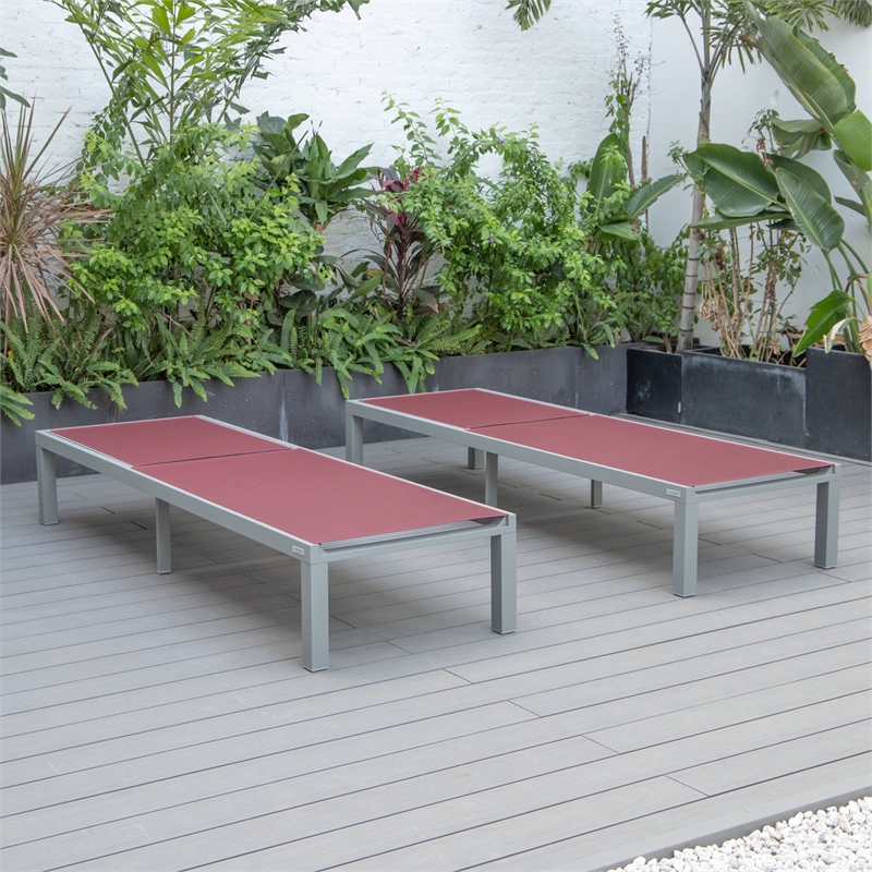 LeisureMod Marlin Patio Chaise Lounge Aluminum Grey Frame Set of 2 Burgundy