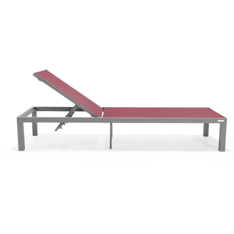 LeisureMod Marlin Patio Chaise Lounge Aluminum Grey Frame Set of 2 Burgundy