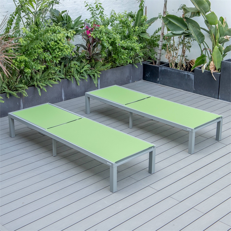 LeisureMod Marlin Patio Chaise Lounge Aluminum Grey Frame Set of 2 Green