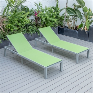 LeisureMod Marlin Patio Chaise Lounge Aluminum Grey Frame Set of 2 Green