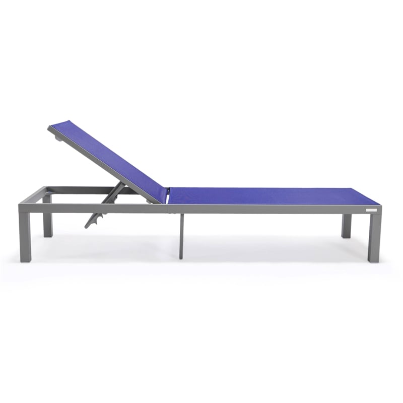 LeisureMod Marlin Patio Chaise Lounge Aluminum Grey Frame Set of 2 Navy Blue
