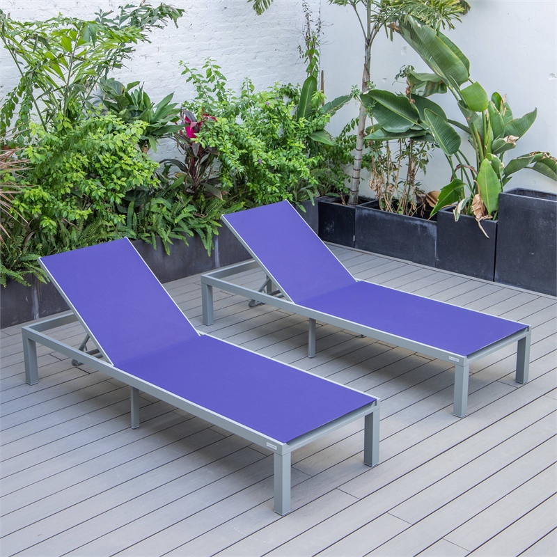 LeisureMod Marlin Patio Chaise Lounge Aluminum Grey Frame Set of 2 Navy Blue