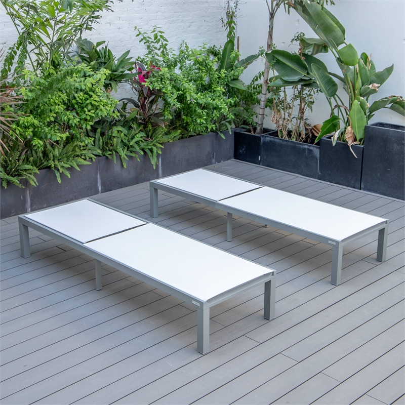 LeisureMod Marlin Patio Chaise Lounge Aluminum Grey Frame Set of 2 White