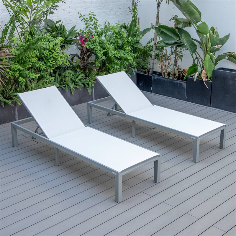 LeisureMod Marlin Patio Chaise Lounge Aluminum Grey Frame Set of 2 White