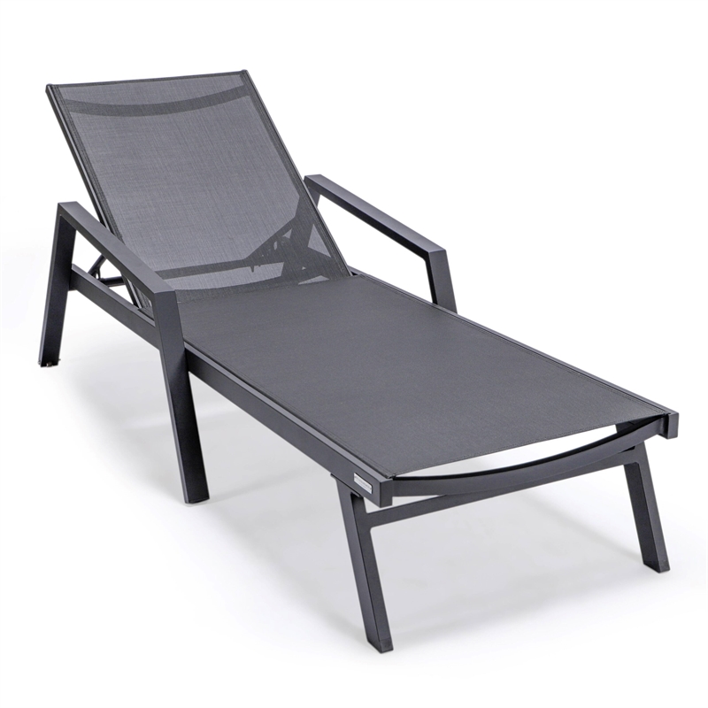 LeisureMod Marlin Patio Chaise Lounge Aluminum Black Arms Set of 2 Black