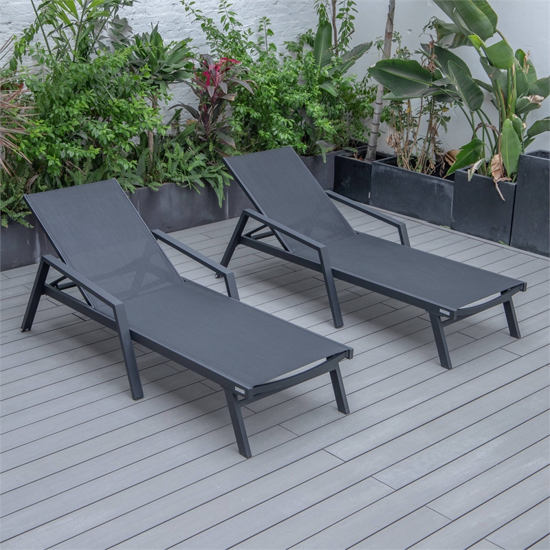 LeisureMod Marlin Patio Chaise Lounge Aluminum Black Arms Set of 2 Black