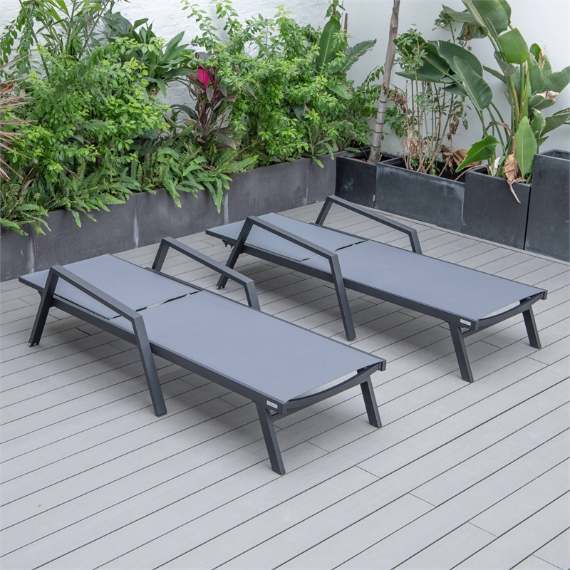 LeisureMod Marlin Patio Chaise Lounge Aluminum Black Arms Set of 2 Dark Gray