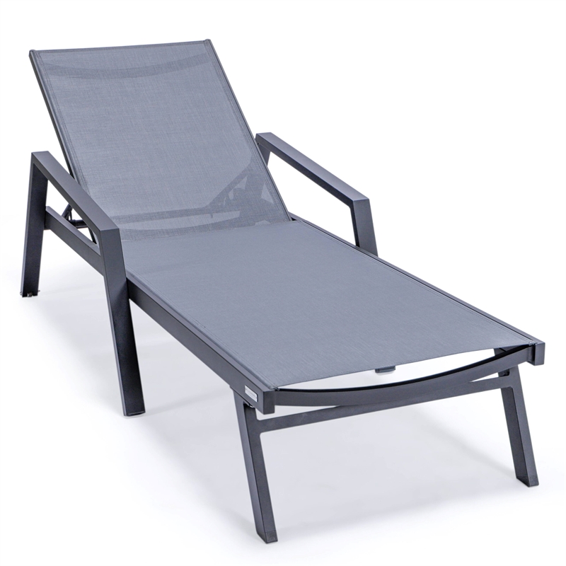 LeisureMod Marlin Patio Chaise Lounge Aluminum Black Arms Set of 2 Dark Gray