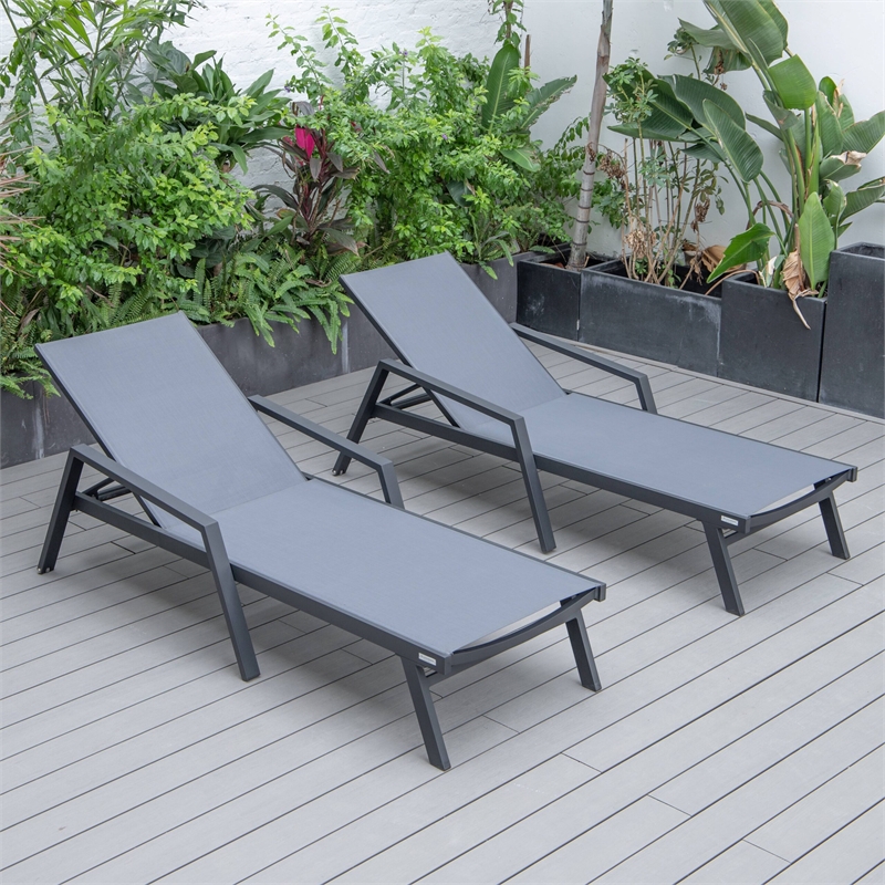 LeisureMod Marlin Patio Chaise Lounge Aluminum Black Arms Set of 2 Dark Gray