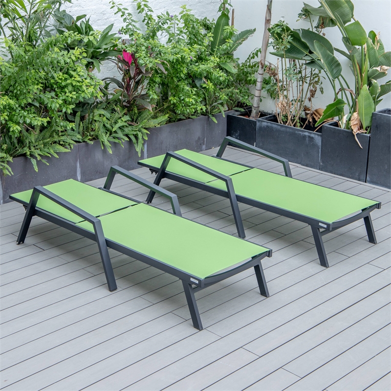 LeisureMod Marlin Patio Chaise Lounge Aluminum Black Arms Set of 2 Green