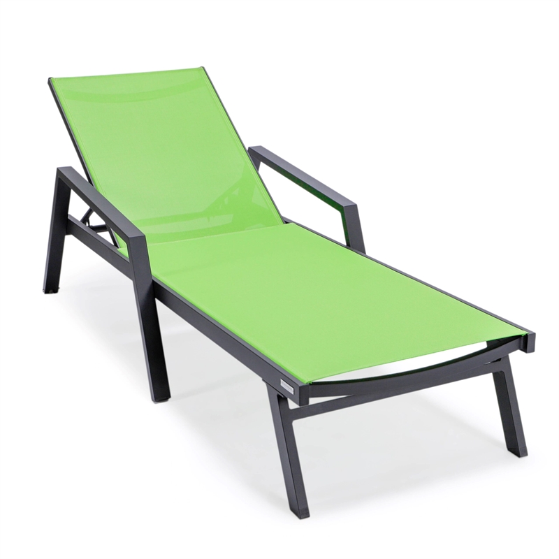 LeisureMod Marlin Patio Chaise Lounge Aluminum Black Arms Set of 2 Green