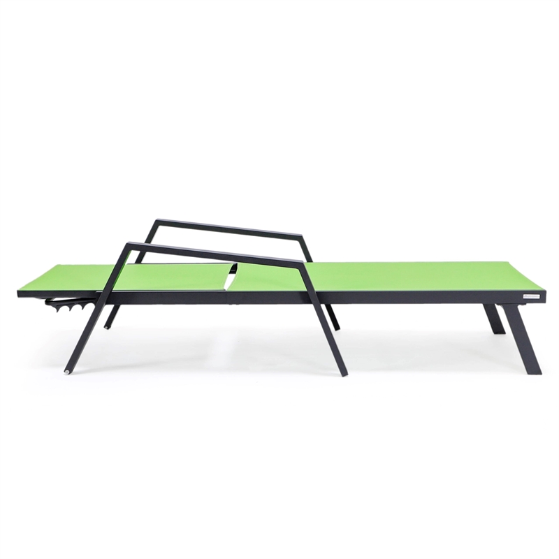 LeisureMod Marlin Patio Chaise Lounge Aluminum Black Arms Set of 2 Green