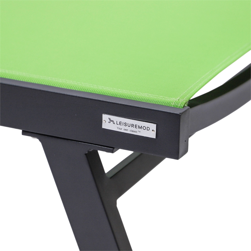 LeisureMod Marlin Patio Chaise Lounge Aluminum Black Arms Set of 2 Green