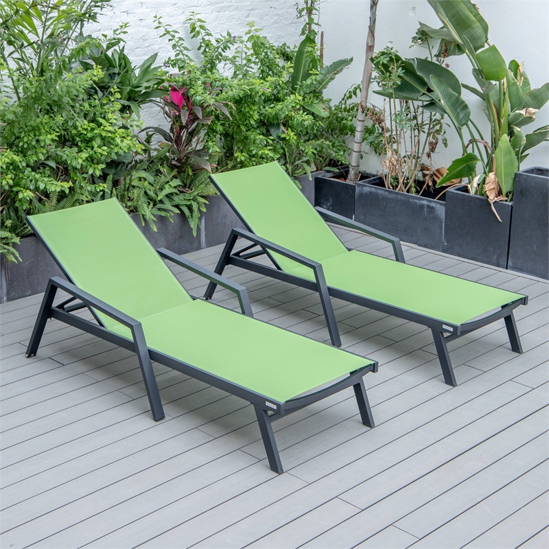 LeisureMod Marlin Patio Chaise Lounge Aluminum Black Arms Set of 2 Green