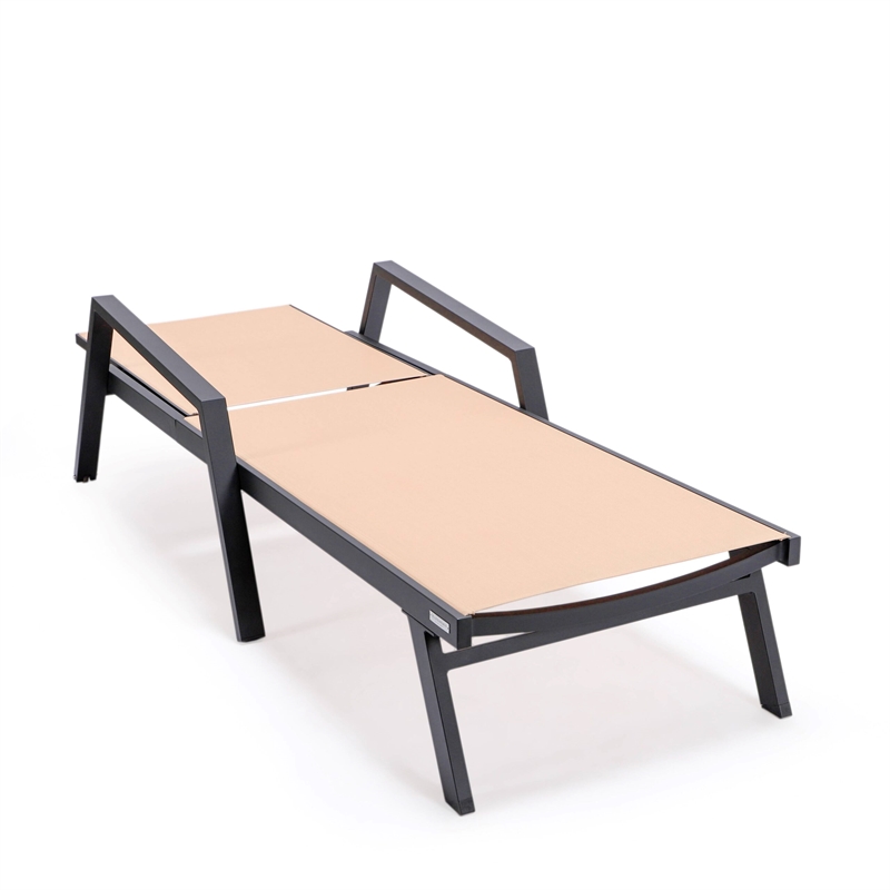 LeisureMod Marlin Patio Chaise Lounge Aluminum Black Arms Set of 2 Light Brown