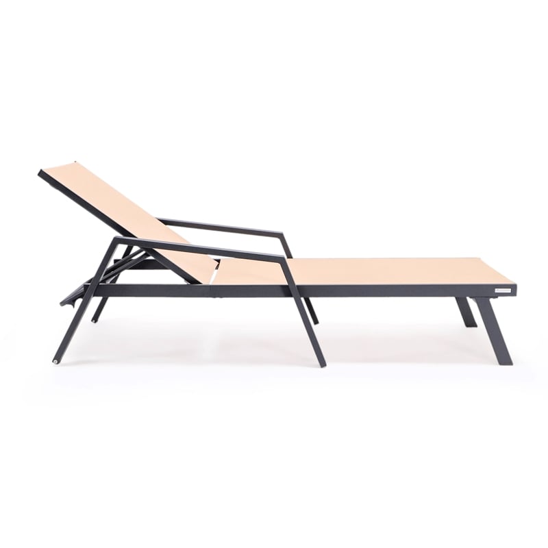 LeisureMod Marlin Patio Chaise Lounge Aluminum Black Arms Set of 2 Light Brown