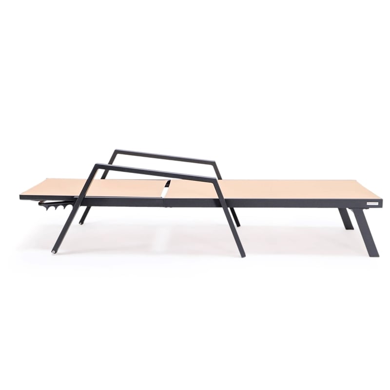 LeisureMod Marlin Patio Chaise Lounge Aluminum Black Arms Set of 2 Light Brown