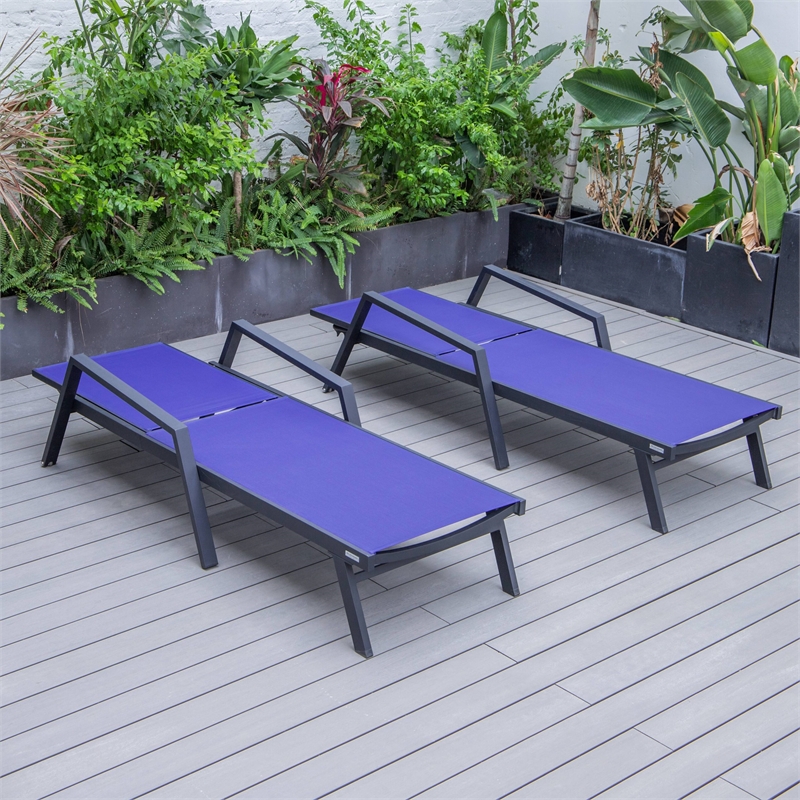 LeisureMod Marlin Patio Chaise Lounge Aluminum Black Arms Set of 2 Navy Blue