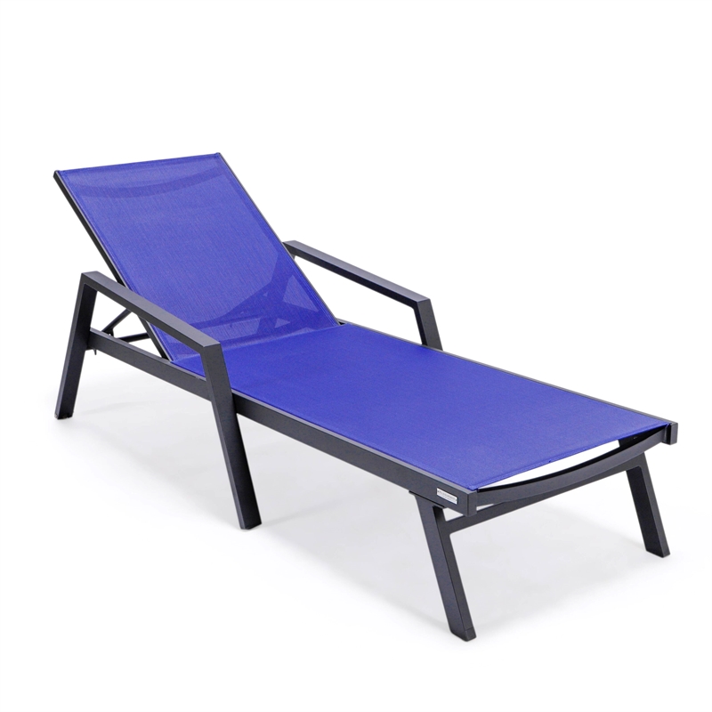 LeisureMod Marlin Patio Chaise Lounge Aluminum Black Arms Set of 2 Navy Blue
