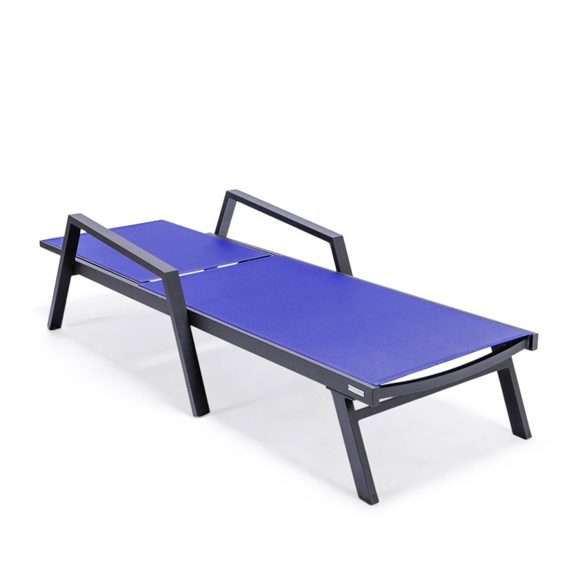LeisureMod Marlin Patio Chaise Lounge Aluminum Black Arms Set of 2 Navy Blue