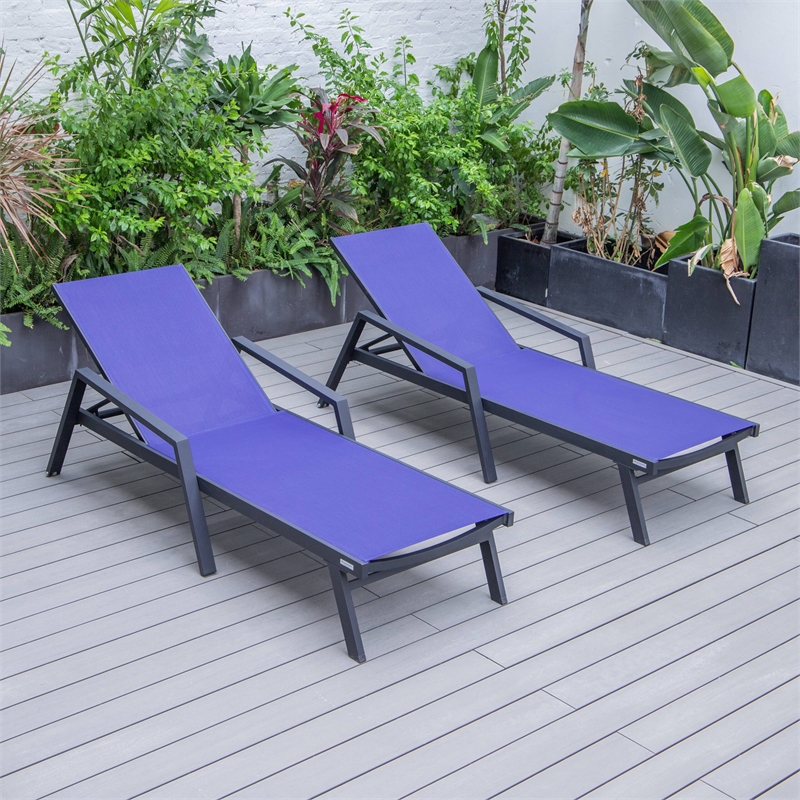LeisureMod Marlin Patio Chaise Lounge Aluminum Black Arms Set of 2 Navy Blue