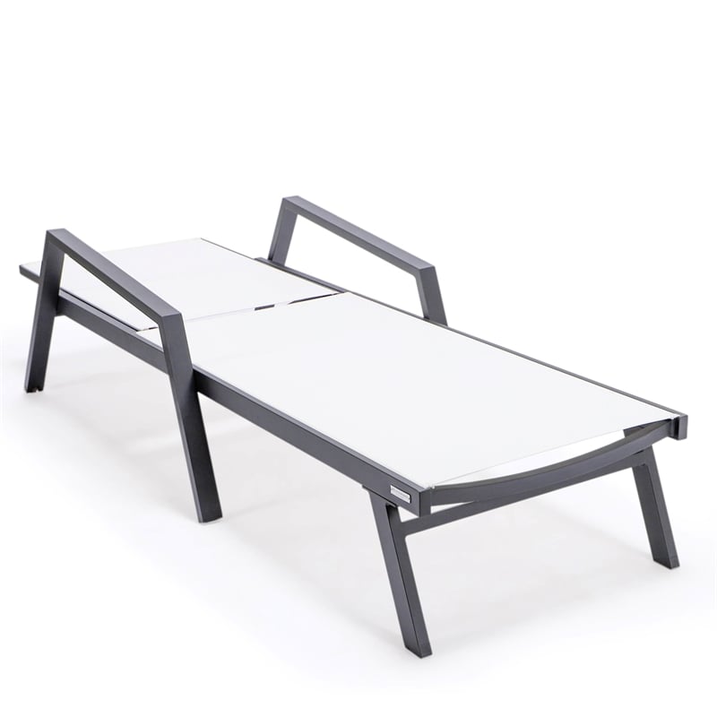 LeisureMod Marlin Patio Chaise Lounge Aluminum Black Arms Set of 2 White