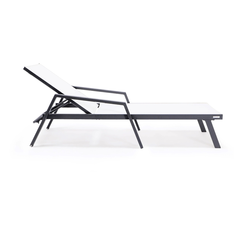 LeisureMod Marlin Patio Chaise Lounge Aluminum Black Arms Set of 2 White
